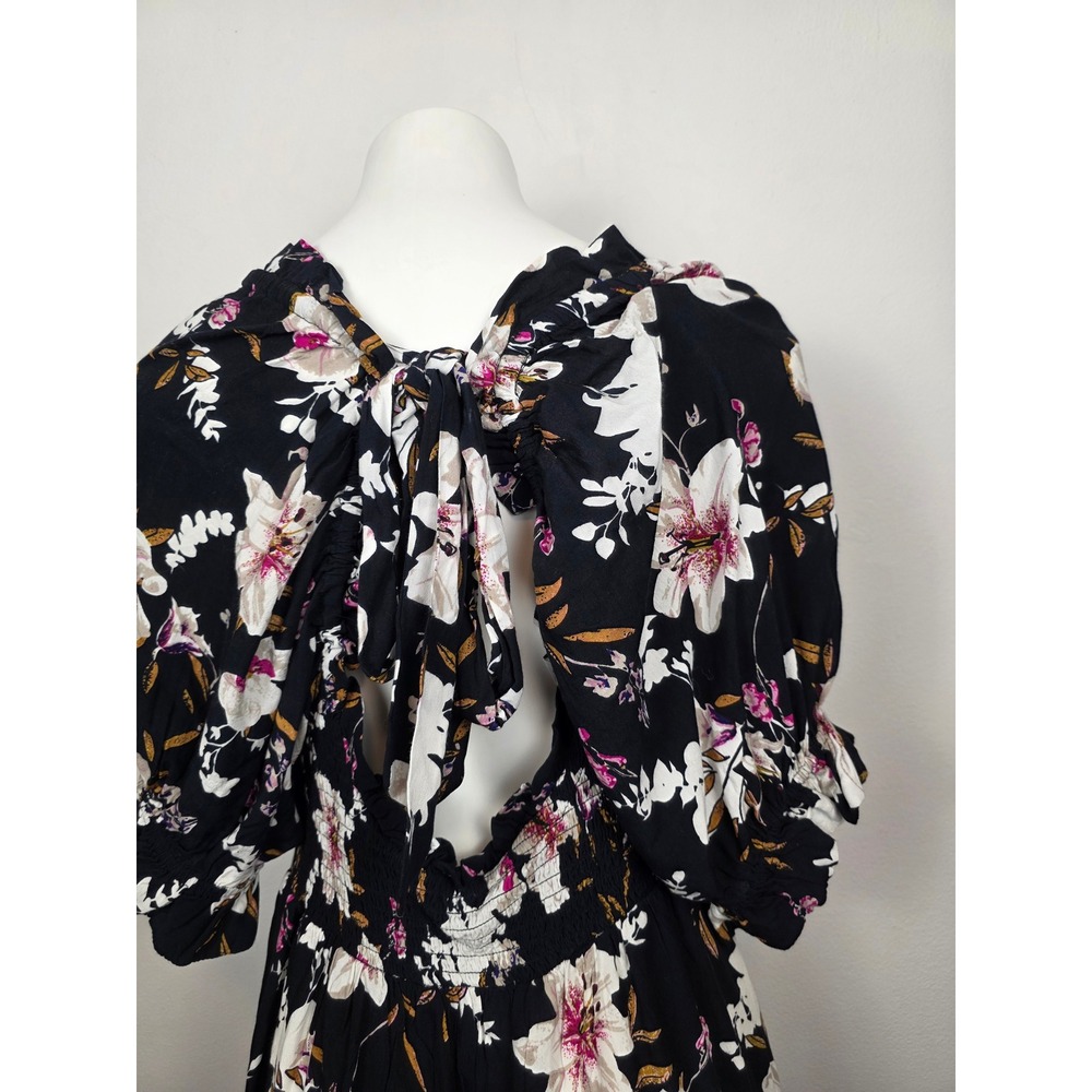 By Anthropologie Puff Sleeve Smocked Square Neck Floral Maxi Dress Tie Back M - Picture 5 of 9
